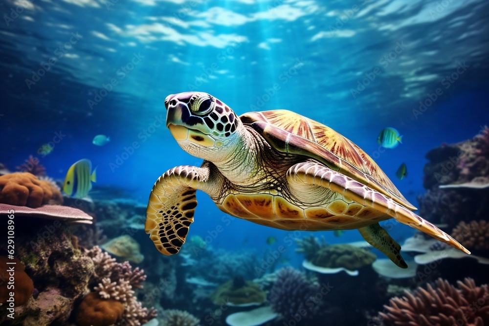 Generative AI : Colorful Watercolor Illustration of a Graceful Sea Turtle Swimming in the Ocean's Wonderland