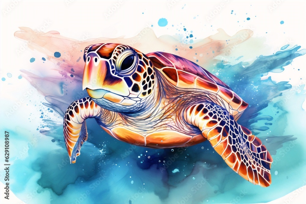 Fototapeta premium Generative AI : Colorful Watercolor Illustration of a Graceful Sea Turtle Swimming in the Ocean's Wonderland
