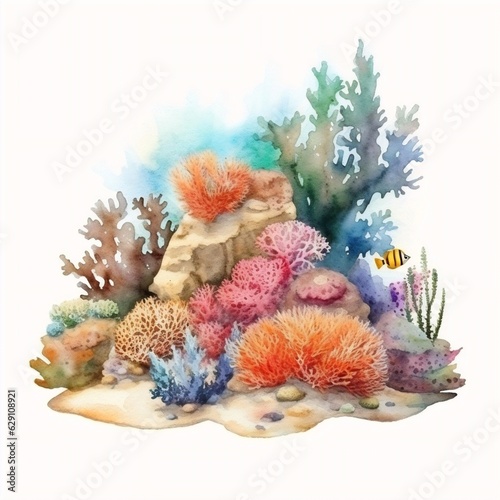 Generative AI : Watercolor Seaweed and Corals Isolated in Vibrant Aquatic Harmony