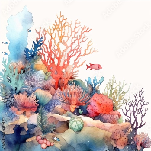 Generative AI   Watercolor Seaweed and Corals Isolated in Vibrant Aquatic Harmony