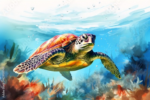 Generative AI   Colorful Watercolor Illustration of a Graceful Sea Turtle Swimming in the Ocean s Wonderland