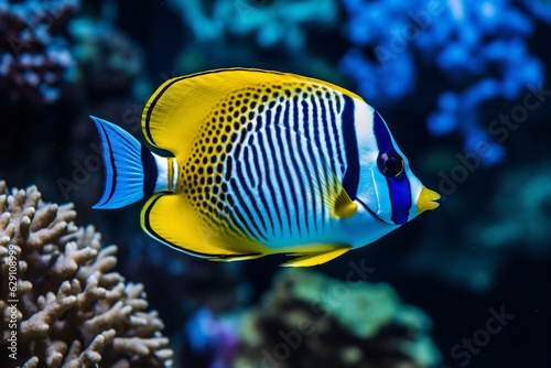 Generative AI : Set of Saltwater angelfish on white isolated background. Emperor, Flame, Bellus, Regal and Japanese swallowtail angelfish