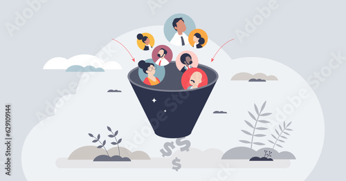Sales funnel as leads conversion to purchase profit tiny person concept. Client and customer management process with awareness, engagement, evaluation, buying and loyalty stages vector illustration.