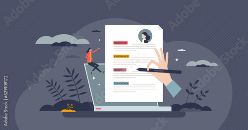 Resume writing and CV typing for vacancy application tiny person concept. Write objectives, experience, skills and education on letter for human resources vector illustration. Create curriculum vitae