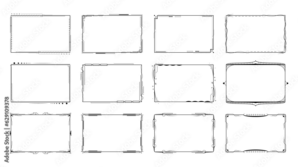 Set Abstract Black Collection Simple Line Rectangular Frame Doodle Outline Element Vector Design Style Sketch Isolated Illustration For Wedding And Banner - obrazy, fototapety, plakaty 