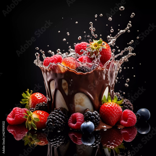 chocolate splash with a lot of fruits on black background. AI generated 