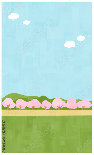 平坦な道と春の背景素材　縦位