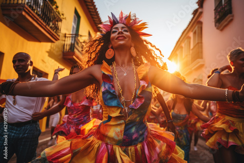 Colombian Rhythm. Woman Dancing Traditional Dance in the Streets of the Capital. AI Generative 