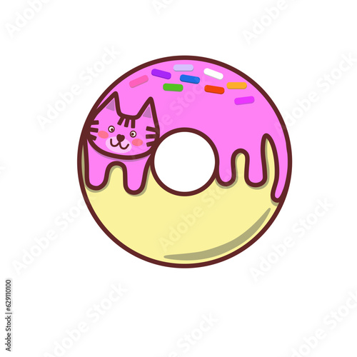 An illustration of a cute donut with a pink cat icing on top isolated 