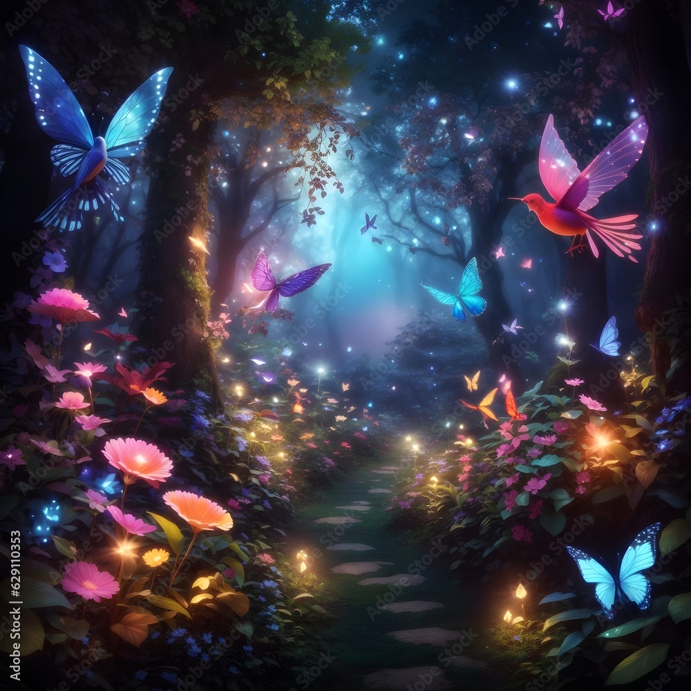 Fantasy forest with colorful butterflies and birds
