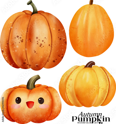Autumn pumpkin watercolor illustration set