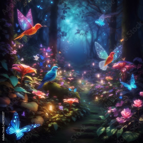 Fantasy forest with colorful butterflies and birds