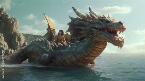 3d Fantasy dragon resting on the water with woman.Generative AI © sudipdesign