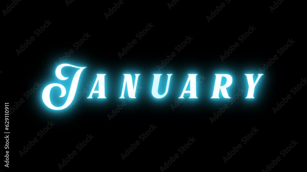 January Neon Text Sign On Black Background. Blue inscription. January text card for season. January mood. For title, text, presentation. Business bg. 3d animation 60 FPS January Neon Text Sign On Black Background. Blue inscription. January text card for season. January mood. For title, text, presentation. Business bg. 3d animation 60 FPS