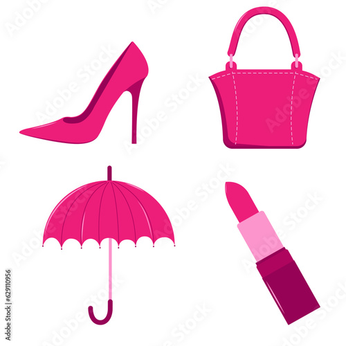 Set things pink for Barbie. Bag shoe umbrella lipstick. 
