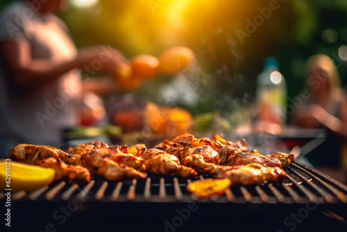 Outdoor grill barbeque with blurred people in background. Party and leisure concept.