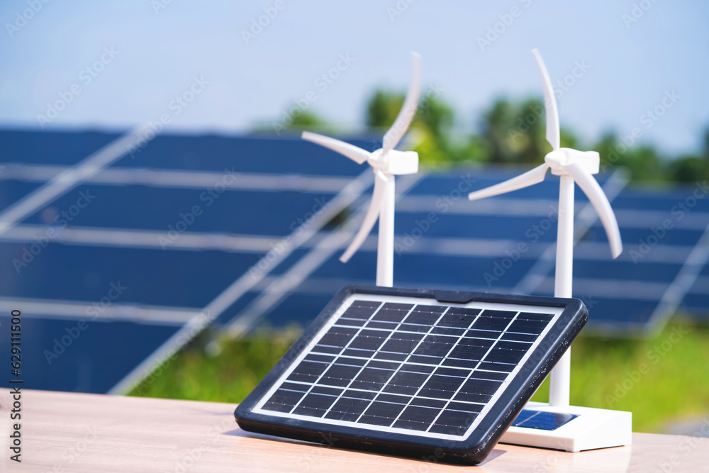 Environmental concepts Clean energy, wind turbines, solar cells and