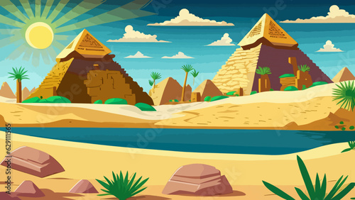 Cartoon desert with ancient Egyptian pyramids and Nile river. Vector illustration of sandy landscape with stones and green plants near blue water, sun shining brightly in sky over pharaoh tombs