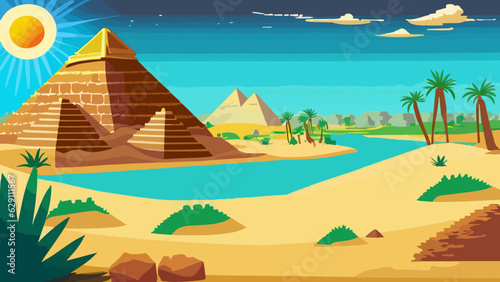 Cartoon desert with ancient Egyptian pyramids and Nile river. Vector illustration of sandy landscape with stones and green plants near blue water, sun shining brightly in sky over pharaoh tombs