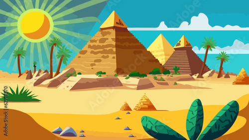 Cartoon desert with ancient Egyptian pyramids and Nile river. Vector illustration of sandy landscape with stones and green plants near blue water, sun shining brightly in sky over pharaoh tombs