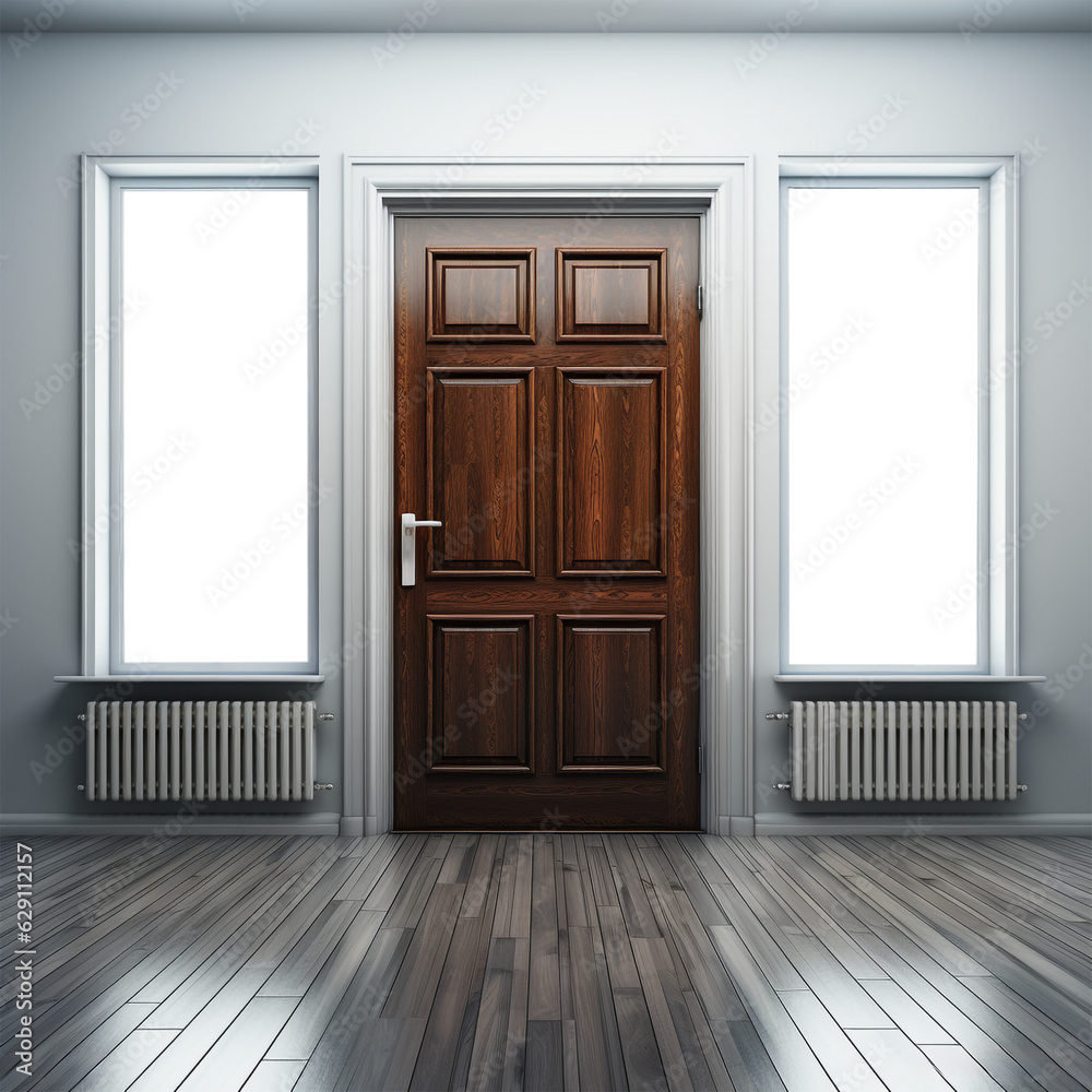 brown door with two large transparent windows next to it and a radiator below it, a white wall and a gray parquet floor, Generative AI brown door with two large transparent windows next to it and a radiator below it, a white wall and a gray parquet floor, Generative AI