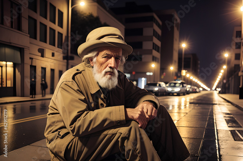 Homeless old man sitting alone on the sidewalk photo