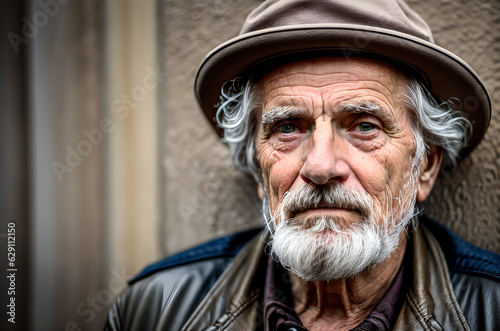 Homeless old man sitting alone on the sidewalk