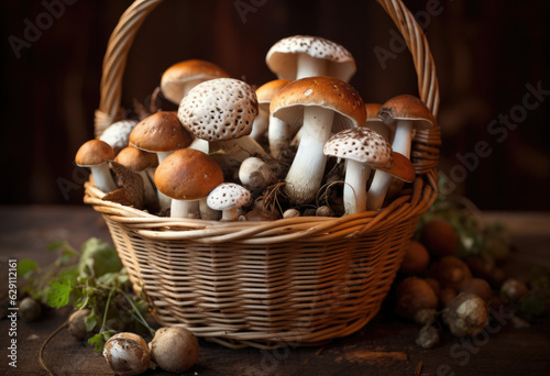 Mushroom Medley. Basket of Various Sizes and Colors of Mushrooms. AI Generative