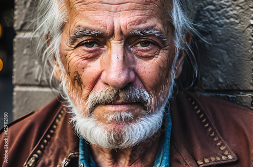 Homeless old man sitting alone on the sidewalk