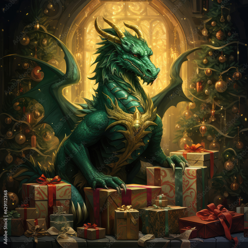 A cute cartoon green dragon holds a red gift and sits next to the Christmas tree. New year animal illustration Generative AI technology,