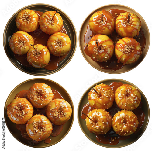 whole baked apples with caramel sauce on a plate, top view, on a transparent background, Generative AI