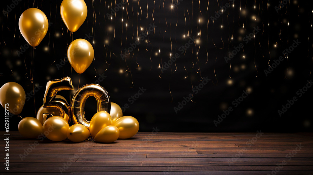 Fototapeta premium AI generated, Background for a 50 years birthday, golden wedding anniversary, golden numbers on a black background. Golden and black balloons. Golden numbers. Party invitation, menu.
