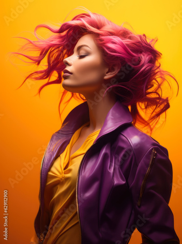 Studio closeup of a young woman with a colorful wavy hair and a yellow jacket posing for the camera. Generative AI.