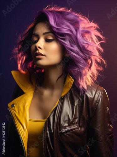 Studio closeup of a young woman with a colorful wavy hair and a yellow jacket posing for the camera. Generative AI. © JuanM