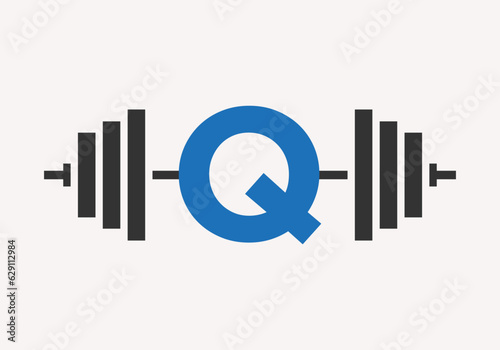 Letter Q Fitness Logo Design. Gym And Fitness Club Symbol With Barbell Icon Template