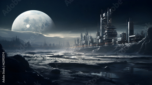 Fantasy alien planet. Mountain and city. 3D illustration. Generative AI © kmmind