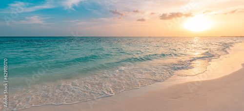 Fototapeta Naklejka Na Ścianę i Meble -  Closeup sea sand beach. Beautiful beach landscape. Inspire tropical seascape coast horizon. Mediterranean sunset sky calm tranquil relax summer mood. Positive energy meditation panoramic island view