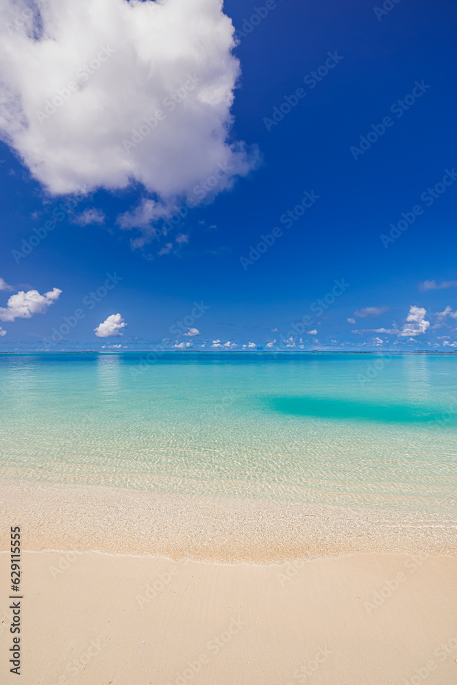 Closeup sea sand sky beach. Panoramic coast landscape. Inspire tropical Mediterranean beach seascape horizon.  Peaceful calm tranquil relaxing sunlight. Vacation travel banner minimalism copy space 