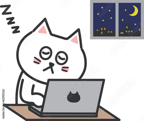 White cartoon cat falling asleep while operating a computer, vector illustration