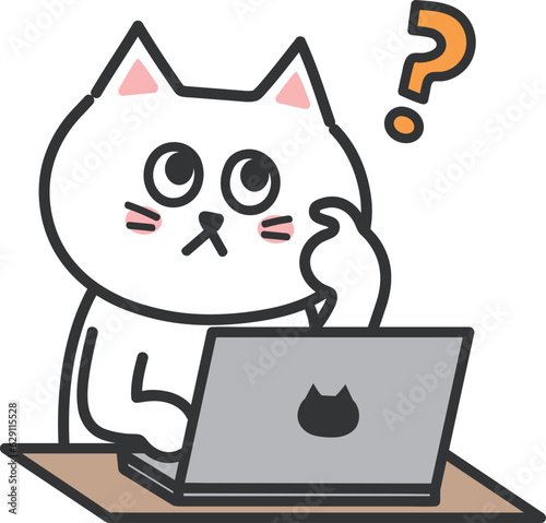 White cartoon cat wondering something while using a computer, vector illustration.