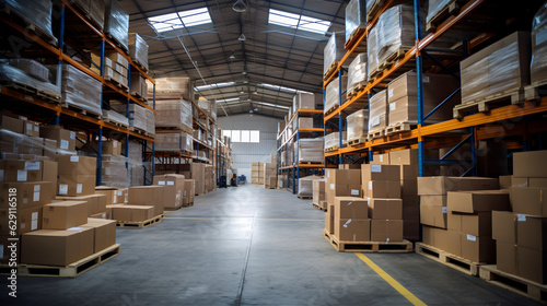 Huge warehouse with large shelfs, carboard boxes and products. 
