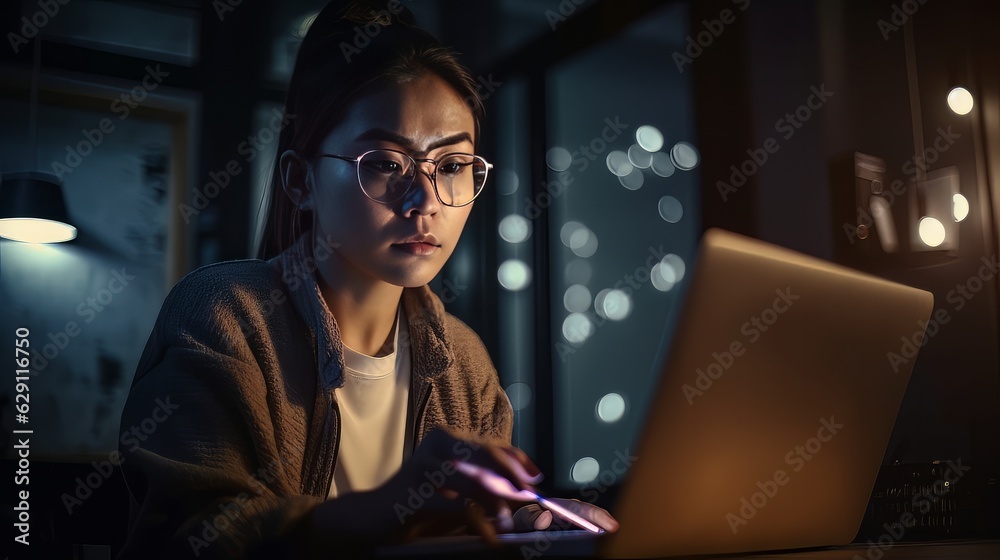 tired asian working woman working late night using desktop sit at desk work in office at night with city light bokeh background window view,ai generate tired asian working woman working late night using desktop sit at desk work in office at night with city light bokeh background window view,ai generate