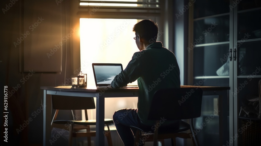 rear view of asian male casual cloth working using computer at home sunset moment ,man sit at desk near window working freelance from home in evening,ai generate
