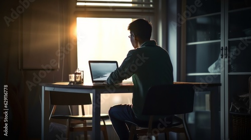 rear view of asian male casual cloth working using computer at home sunset moment ,man sit at desk near window working freelance from home in evening,ai generate