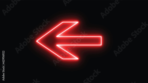 Red bright neon left abstract directional icon. vector, arrow, direction. neon glowing arrows. Direction banner. Futuristic light on black background.