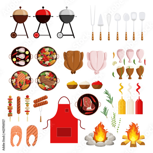 Barbecue set. Raw and ready-made food, sauces and spices, bonfire.