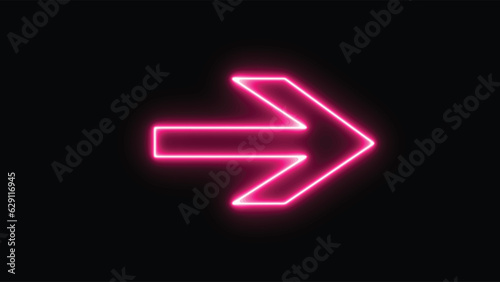 Purple bright neon right abstract directional icon. vector, arrow, direction. neon glowing arrows. Direction banner. Futuristic light on black background.