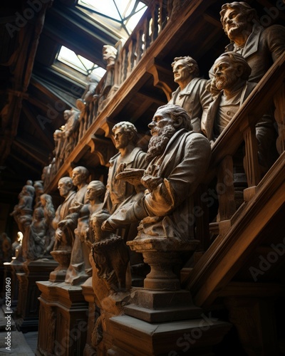 book cover illustrating an old attic filled with marble busts of historical figures, the silent guardians of forgotten histories. Ai Generated photo