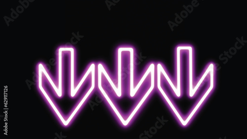 Glowing purple three neon arrow down direction on black background. Bright neon down abstract directional icon. vector, neon glowing arrows. Direction banner. Futuristic light on black background.