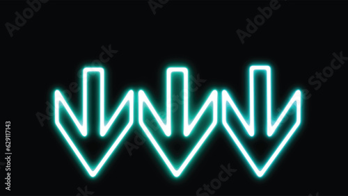 Three glowing down neon signs set, arrow direction symbol. Three neon down arrow sign . Direction traffic sign. Navigation concept. Vector illustration